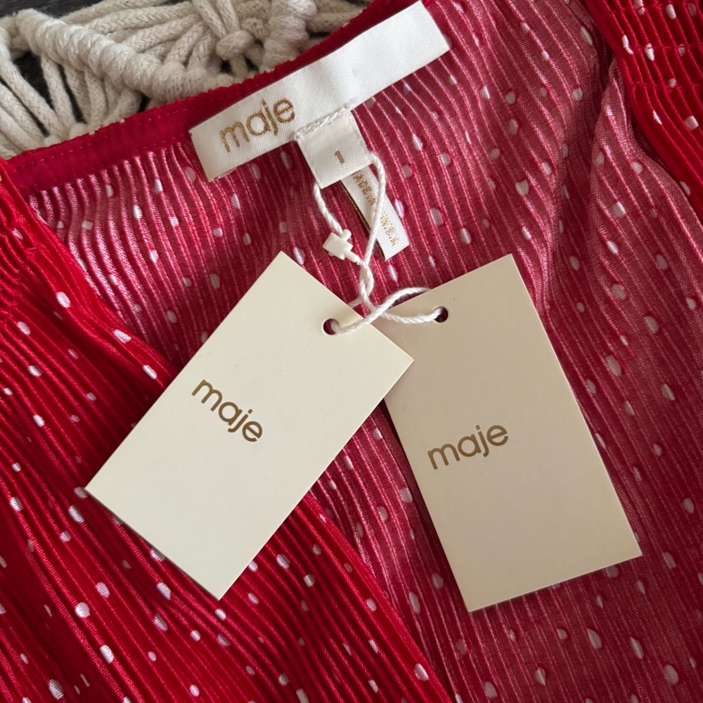New Maje Red rouge Ruched cropped polka dot Blouse size 1 small top women’s - Picture 13 of 14